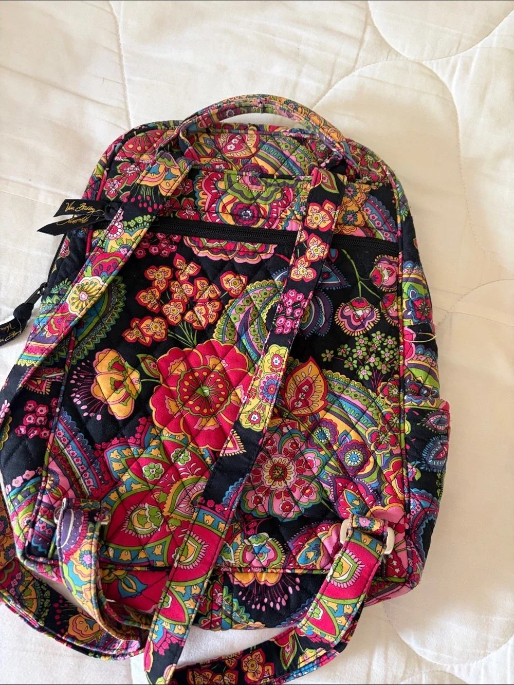 Vera Bradley Black Quilted Backpack with Multicolor Floral Paisley